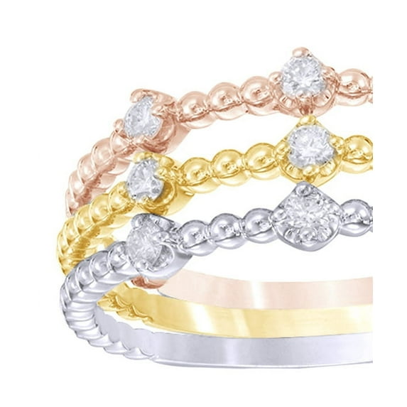AFFY White Natural Diamond Beaded Stackable Three Ring Set in 10k Tri-Tone Yellow Gold