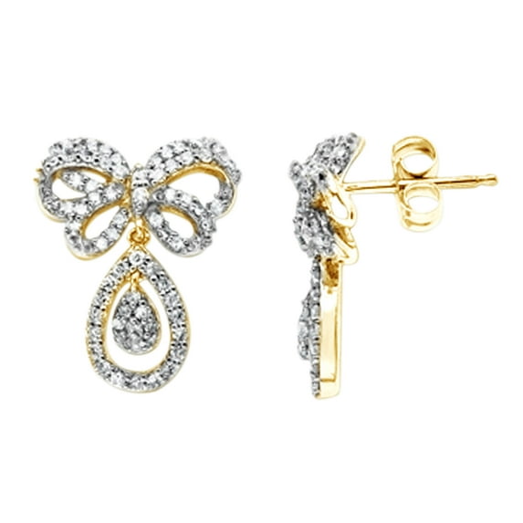 AFFY White Natural Diamond Bow Drop Earrings in 10k Yellow Gold (0.5 Cttw )