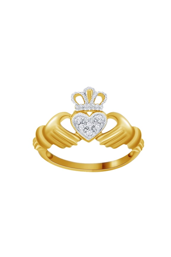 White Natural Diamond Claddagh Ring In 10k Yellow Gold