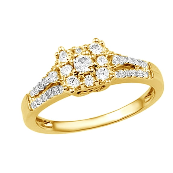 White Natural Diamond Cluster Square Ring in 10k Yellow Gold