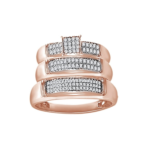 AFFY White Natural Diamond Engagement & Wedding Trio Band Ring Set In 10k Rose Gold (0.33 Cttw)