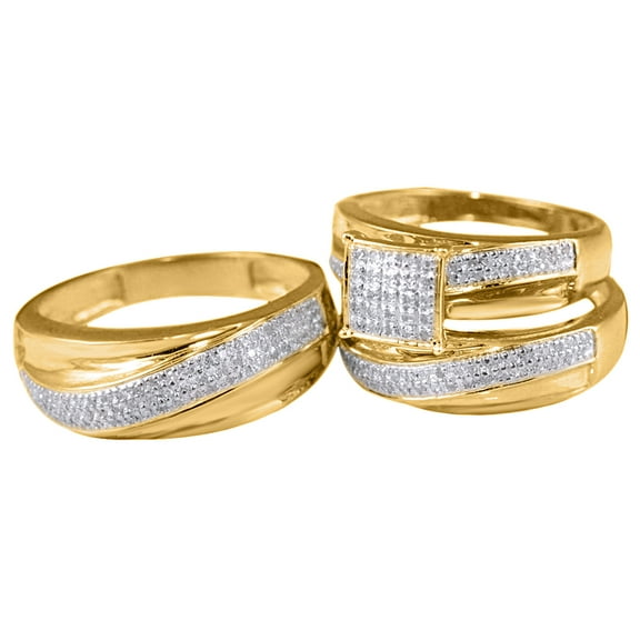 AFFY White Natural Diamond Engagement & Wedding Trio Band Ring Set In 10k Yellow Gold (0.75 Cttw)
