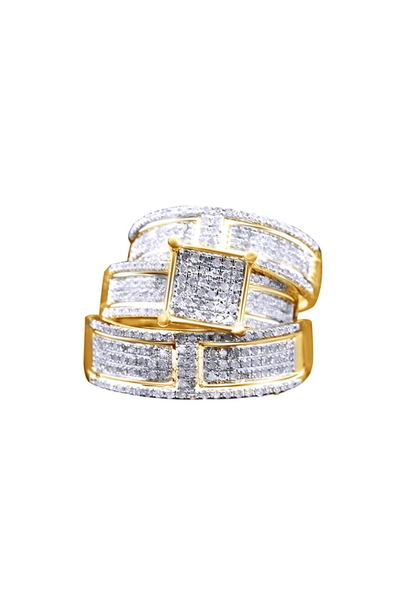 White Natural Diamond Engagement & Wedding Trio Band Ring Set In 10k Yellow Gold (1.1 Cttw)