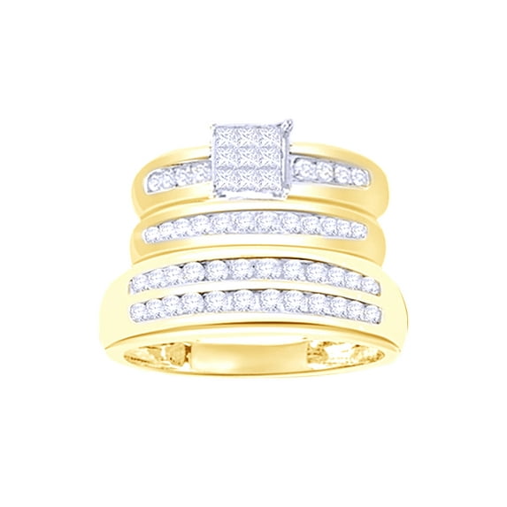 AFFY White Natural Diamond Engagement & Wedding Trio Band Ring Set In 10k Yellow Gold (1 Cttw)