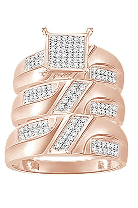 White Natural Diamond Engagement & Wedding Trio Band Ring Set In 14K Rose Gold Over Sterling Silver(I2-I3 Clarity,I-J Color,0.25 Cttw)-4