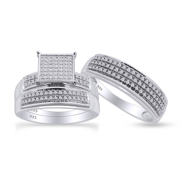 AFFY White Natural Diamond Engagement Wedding Trio Bridal Bride Groom Ring Set In 14k White Gold Over Sterling Silver (0.33 Cttw)