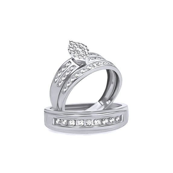 AFFY White Natural Diamond Engagement & Wedding Trio Bridal Ring Set In 10k White Gold (1 Cttw)