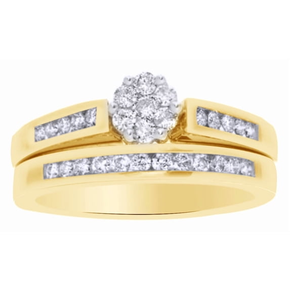 AFFY White Natural Diamond Flower Bridal Ring Set In Solid Gold (1 Cttw)