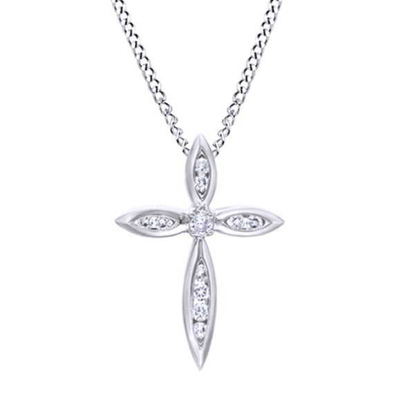 AFFY White Natural Diamond Flower Cross Pendant Necklace in 14K Solid White Gold (0.16 Ct)