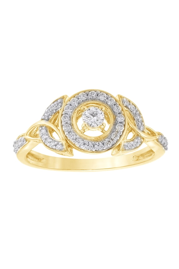 White Natural Diamond Frame Celtic Trinity Knot Ring in 10k Yellow Gold