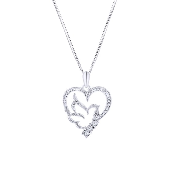 AFFY White Natural Diamond Heart with Dove Pendant Necklace in 14k White Gold Over Sterling Silver
