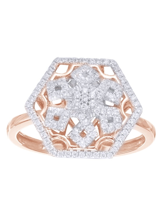 White Natural Diamond Hexagonal Framed Snowflake Ring in 10k Rose Gold