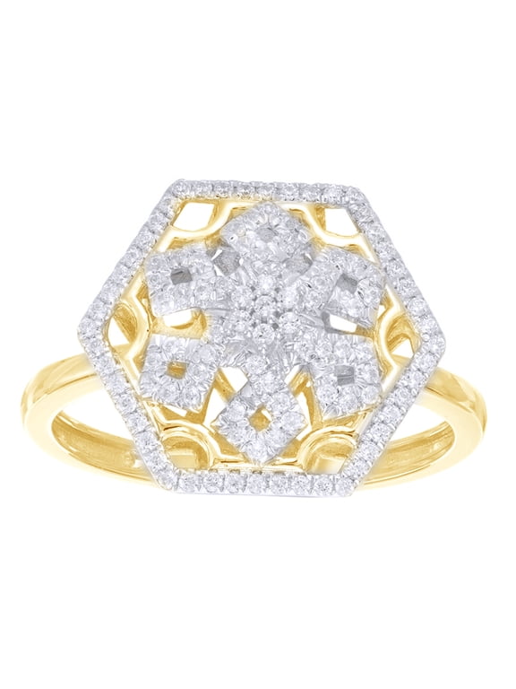 White Natural Diamond Hexagonal Framed Snowflake Ring in 10k Yellow Gold