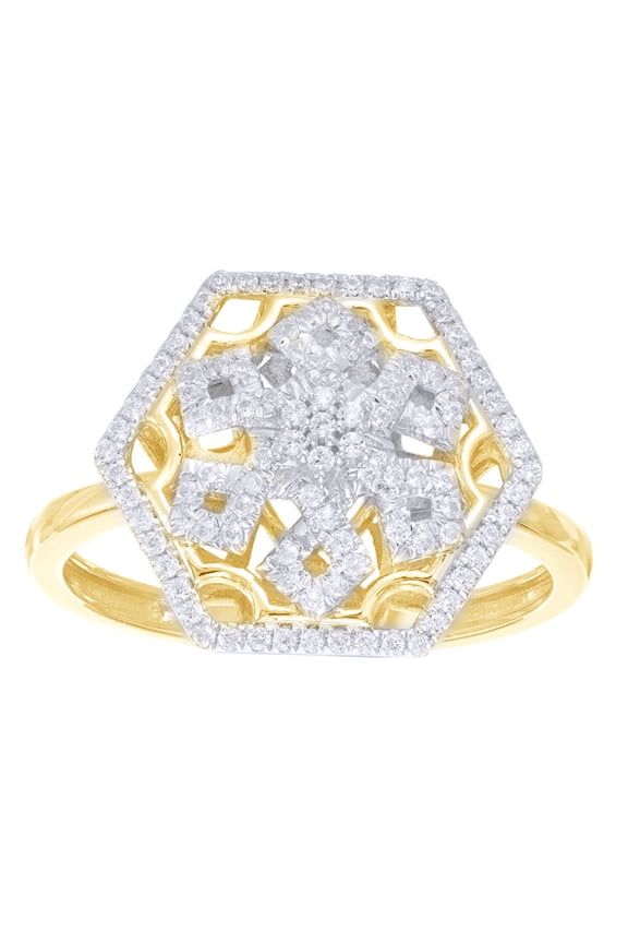 White Natural Diamond Hexagonal Framed Snowflake Ring in 10k Yellow Gold