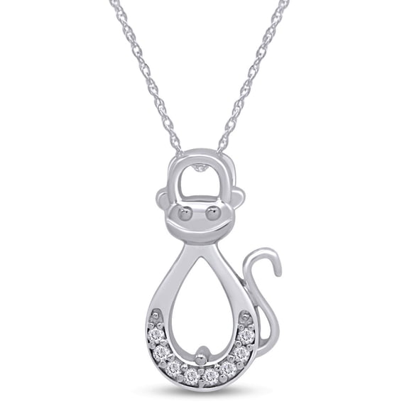 AFFY White Natural Diamond Infinity Monkey Pendant Necklace in 14k White Gold Over Sterling Silver (0.1 Ct)