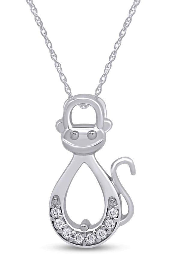 White Natural Diamond Infinity Monkey Pendant Necklace in 14k White Gold Over Sterling Silver (0.1 Ct)