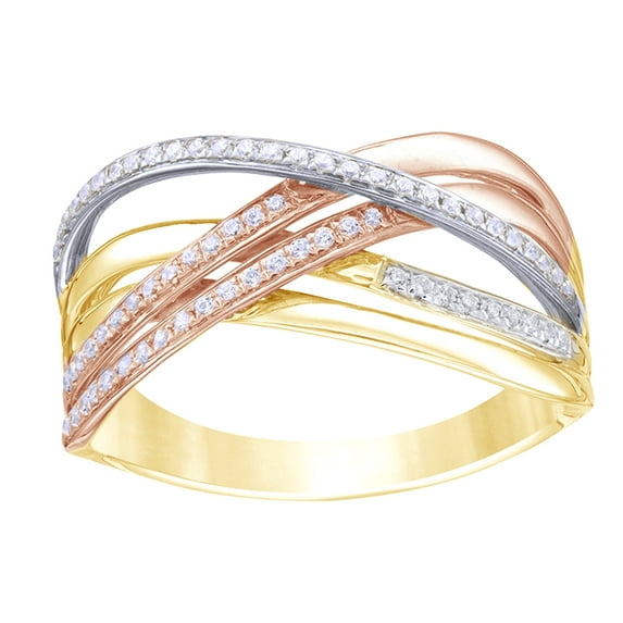 AFFY White Natural Diamond Open Crossover Engagement Ring in 10K Tri-Tone Solid Gold By