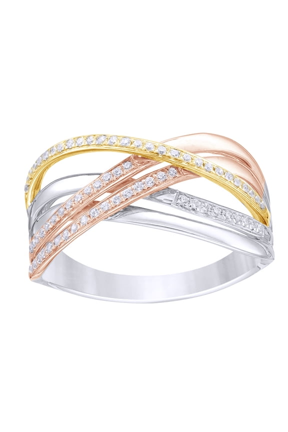 White Natural Diamond Open Crossover Engagement Ring in 10K Tri-Tone Solid Gold