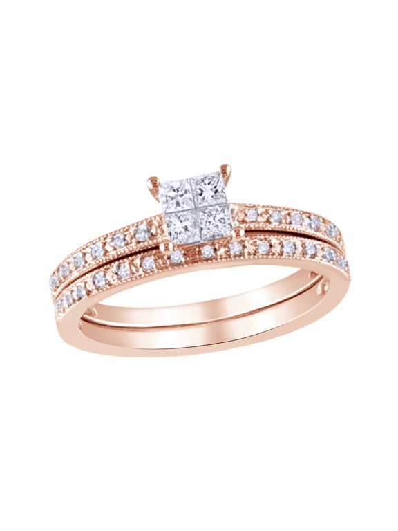 White Natural Diamond Quad Vintage-Style Bridal Ring Set In 10k Rose Gold (0.33 Cttw)