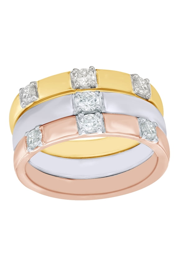 White Natural Diamond Seven Stone Three Piece Stackable Ring Set in 10K Tri-Tone Solid Gold