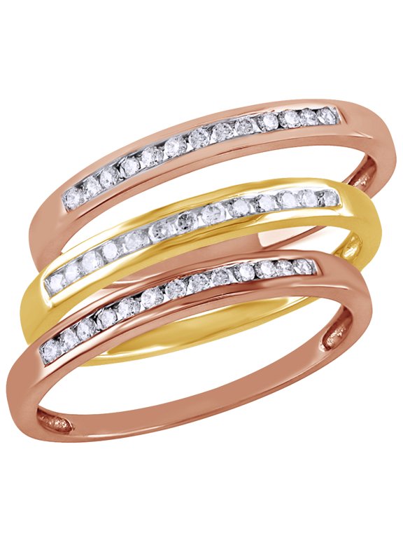 White Natural Diamond Stackable Three Ring Set in Two-Tone 10k Rose Gold