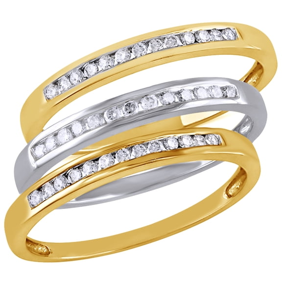 AFFY White Natural Diamond Stackable Three Ring Set in Two-Tone 10k Yellow Gold