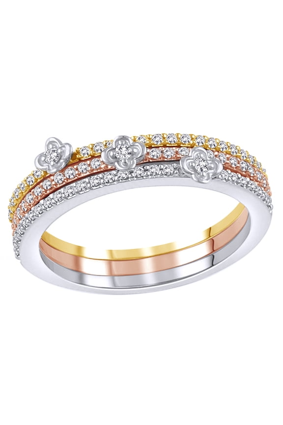 White Natural Diamond Three Ring Set Stackable Tri Tone Ring in 10K White Gold (0.33 cttw)