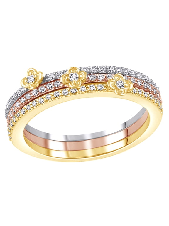 White Natural Diamond Three Ring Set Stackable Tri Tone Ring in 10K Yellow Gold (0.33 cttw)