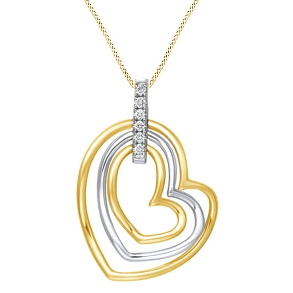 AFFY White Natural Diamond Triple Heart Two Tone Pendant Necklace In 14k Yellow Gold