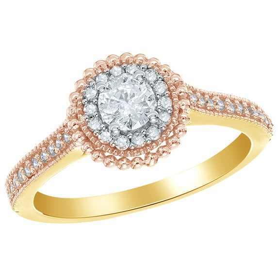 AFFY White Natural Diamond Vintage Style Beaded Frame Two Tone Engagement Ring in 10K Yellow Gold (0.5 cttw)