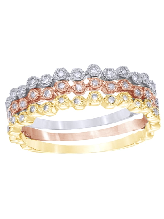 White Natural Diamond Vintage Style Stackable Three Ring Set in 10K Tri-Tone Solid Gold By