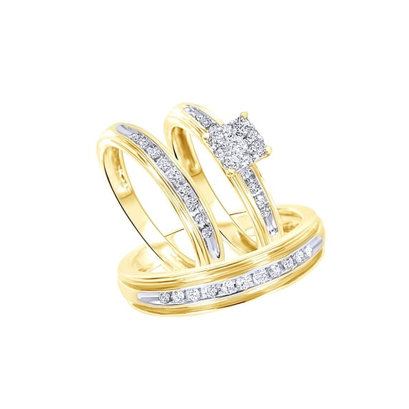 AFFY White Natural Diamond Wedding & Engagement Trio Band Ring Set In 10k Yellow Gold (0.625 Cttw)