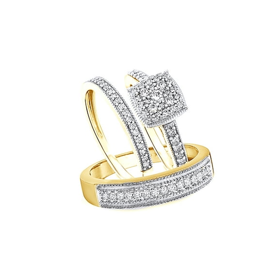 AFFY White Natural Diamond Wedding & Engagement Trio Band Ring Set In 10k Yellow Gold (0.88 Cttw)