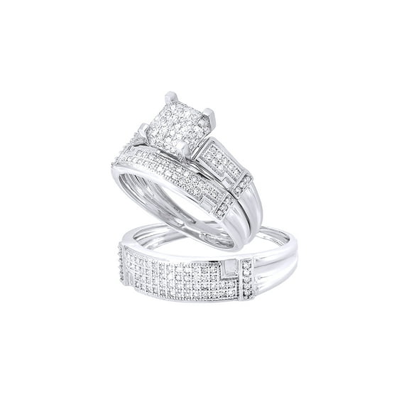 AFFY White Natural Diamond Wedding Trio Band Ring Set In 10k White Gold (0.5 Cttw)