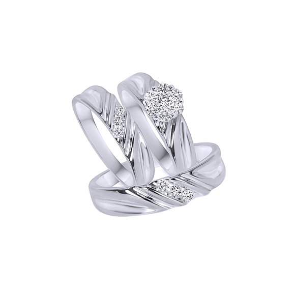 AFFY White Natural Diamond Wedding Trio Ring Set In 10k White Gold (0.38 Cttw)