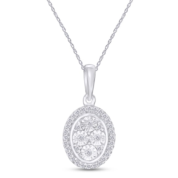 AFFY Women's Pendant Necklace Round Cut Natural Diamond Oval Frame Pendant Along With 18" Chain In 14K Gold Over Sterling Silver (0.1 Cttw, J-K Color, I2-I3 Clarity)