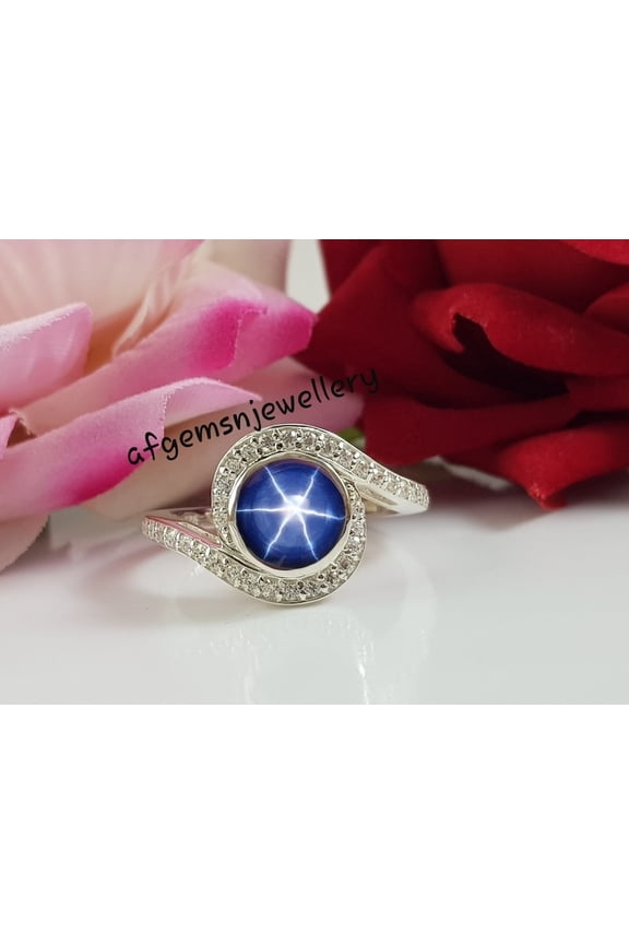925 Sterling Silver Star Sapphire Engagement Ring, Lindy Blue Star Jewelry, Boho Statement Ring, Valentine Gift Black Vermeil 4