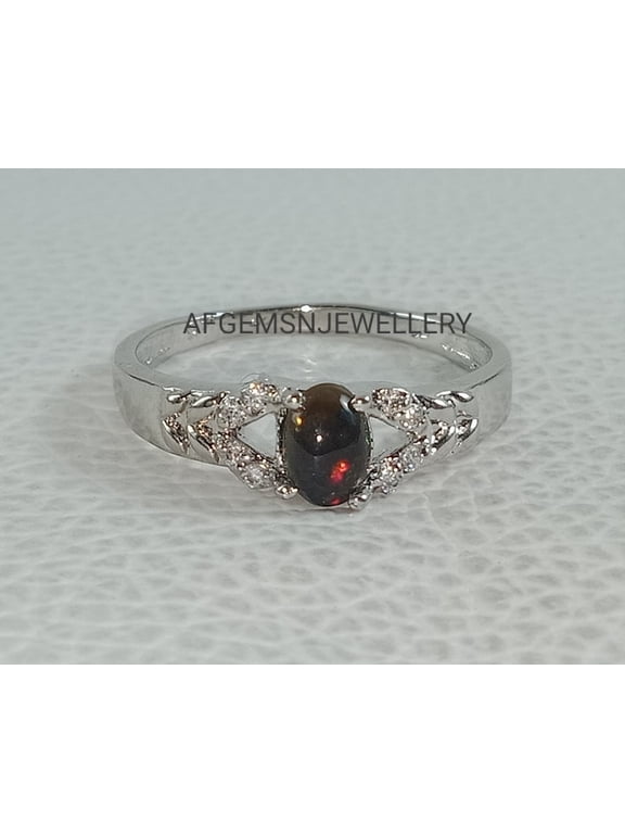 Black Fire Opal Ring for Women, Oval Opal Sterling Silver Promise Engagement Ring, October Birthstone Gemstone Jewelry Gift for Her Silver 3.5