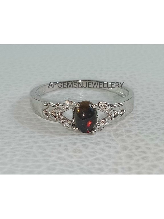 Black Fire Opal Ring for Women, Oval Opal Sterling Silver Promise Engagement Ring, October Birthstone Gemstone Jewelry Gift for Her Silver 5.5