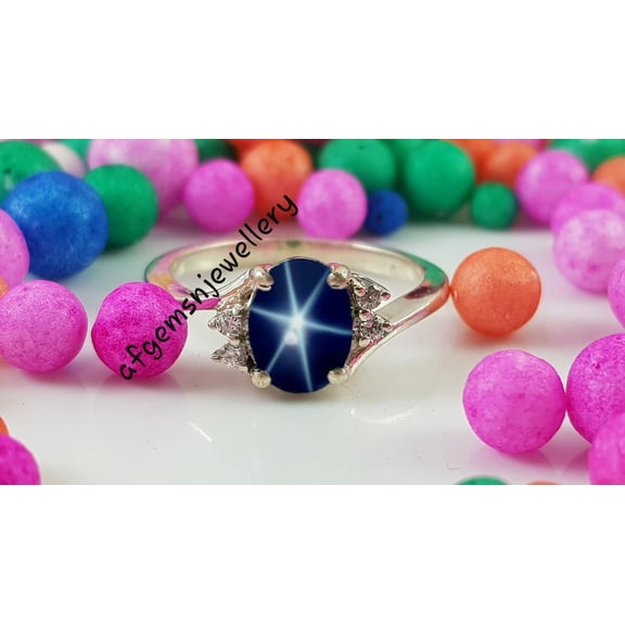 AFGEMSNJEWELLERY Blue Star Sapphire Ring 925 Sterling Silver, Oval Six-Ray Star Gemstone Ring Handmade Wedding Jewelry Gift for Her Silver 3