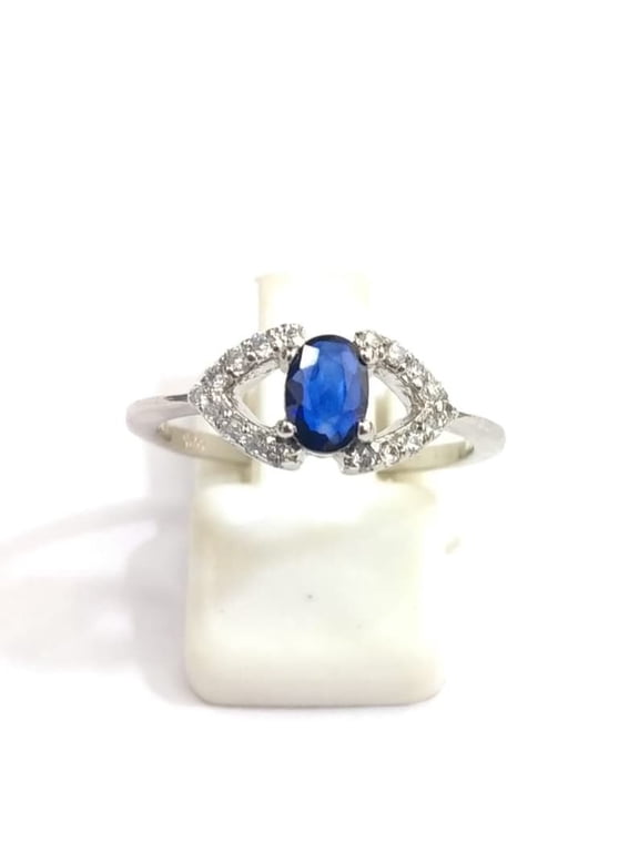Engagement Blue Sapphire Ring, Oval 925 Sterling Silver, Edwardian Style Jewelry, Valentine Promise Gift Silver 7.5