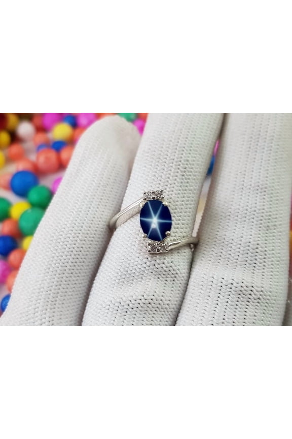 Lindy Blue Star Sapphire Ring in 925 Sterling Silver, Handmade Sapphire Ring for All Occasions, Valentine Gift Silver 11.5