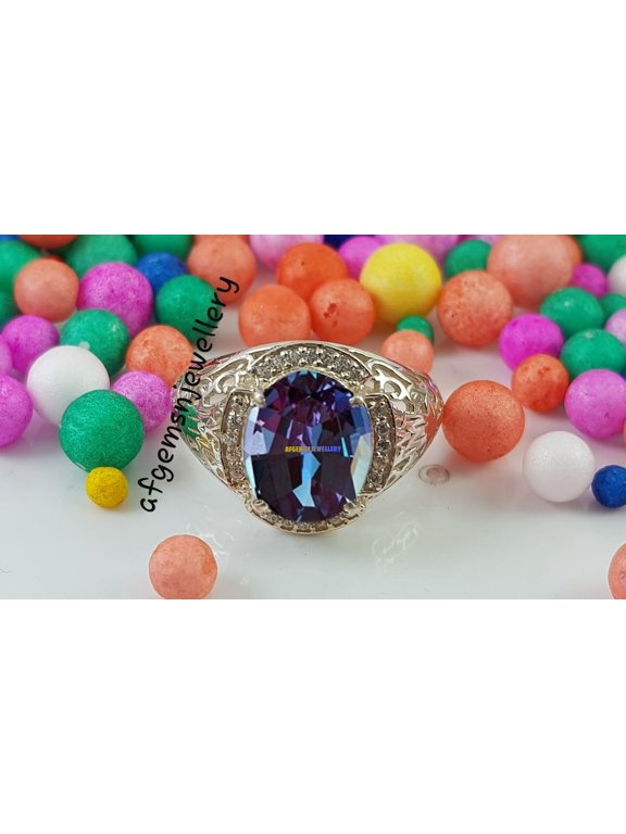 Men’s Alexandrite Ring Oval Cut Gemstone Sterling Silver, Engagement Promise Solitaire Ring Anniversary Gift for Him Silver 10