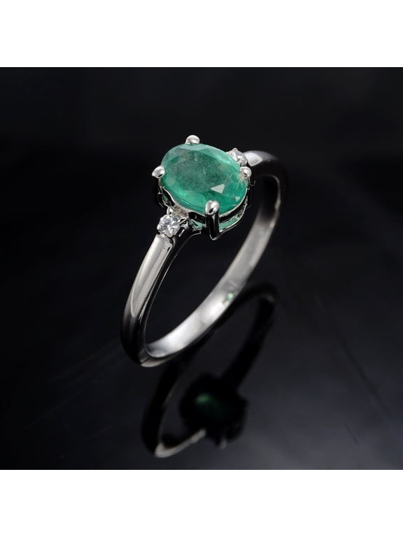 Natural Colombian Emerald Solitaire Anniversary Ring, 925 Sterling Silver, Green Oval Gemstone, May Birthstone Size - 9