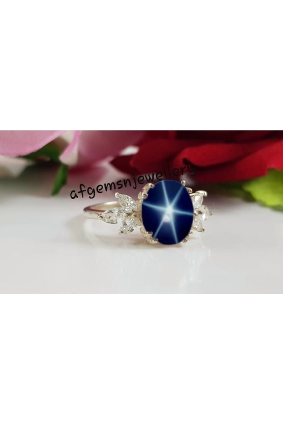 Natural Lindy Star Sapphire Ring – 925 Sterling Silver 6 Ray-Star Ring Women's Jewelry Gift for Special Occasion Silver 10.5