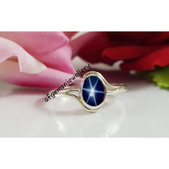 AFGEMSNJEWELLERY Oval Blue 6 Star Sapphire Ring for Women in 925 Sterling Silver, Unique Silver Handmade Boho Jewelry Gift For Her Silver 3