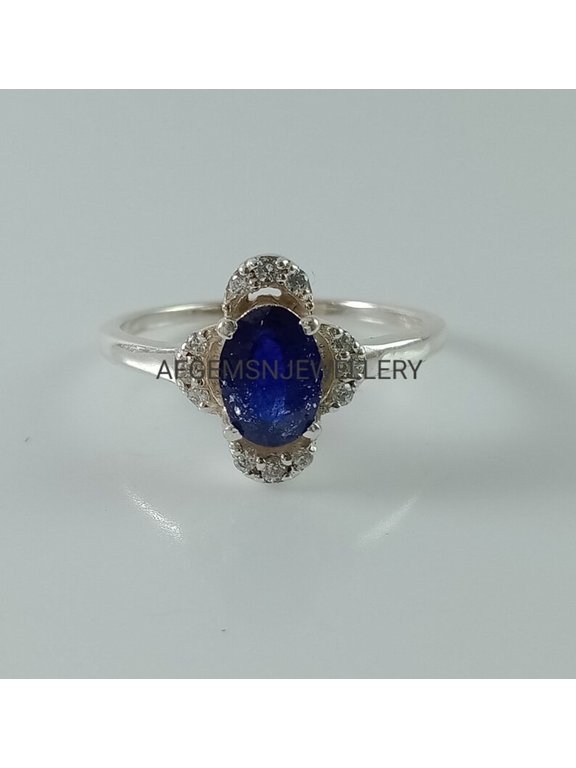 Oval Cut Blue Sapphire Ring with Diamonds in Sterling Silver, Vintage Edwardian Style September Birthstone Ring Gold 8