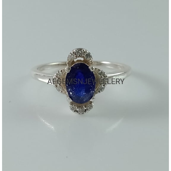 AFGEMSNJEWELLERY Oval Cut Blue Sapphire Ring with Diamonds in Sterling Silver, Vintage Edwardian Style September Birthstone Ring Silver 3