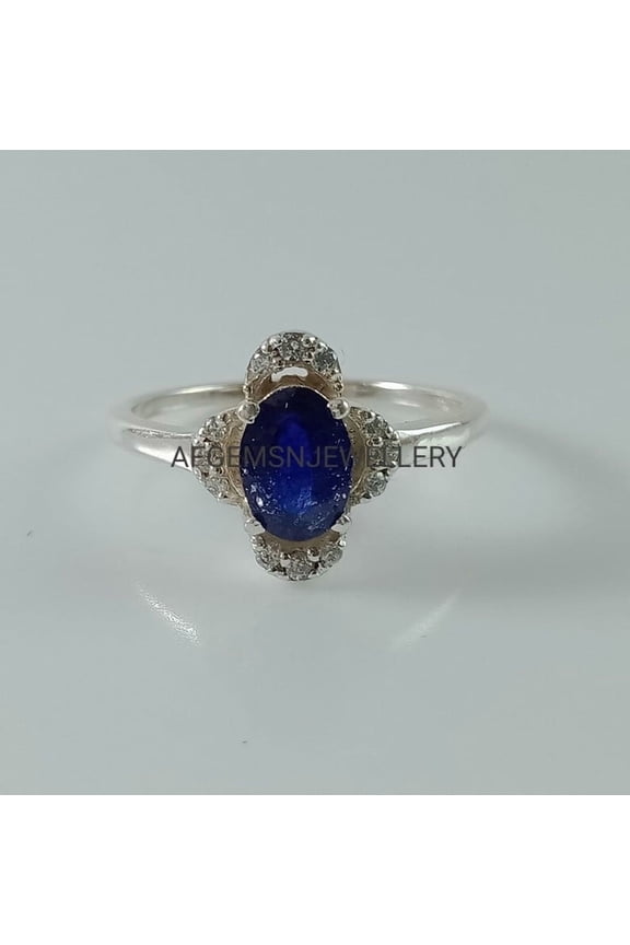 Oval Cut Blue Sapphire Ring with Diamonds in Sterling Silver, Vintage Edwardian Style September Birthstone Ring Silver 5.5