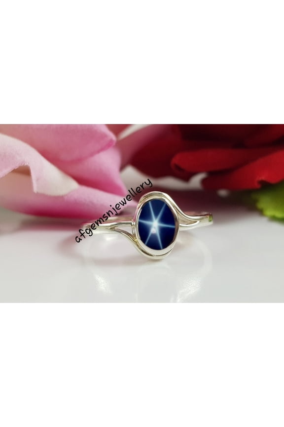 Oval Cut Natural Blue Star Sapphire Ring in 925 Sterling Silver, Boho & Hippie Style Jewelry, Ring for Women Black Vermeil 6